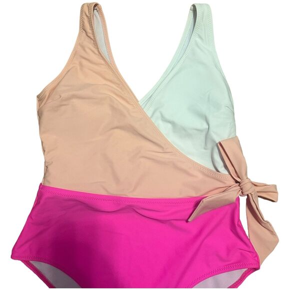 SweatyRocks Colorblock One Piece Swimsuit Size M Wrap Tie Waist Pink Barbiecore - Picture 4 of 9